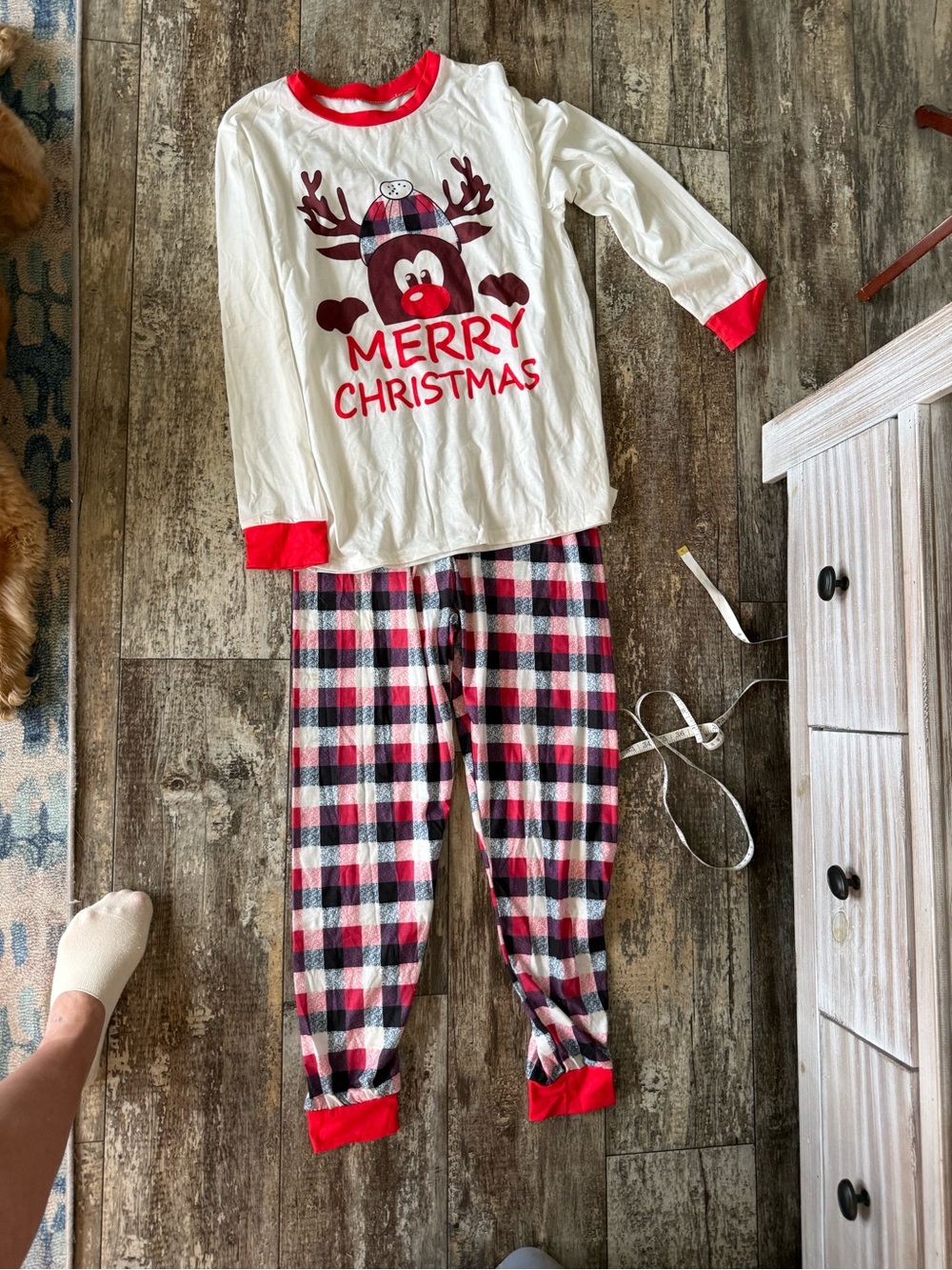 2 for $10 sale: small reindeer Christmas pajamas / plaid flannel pants and reind